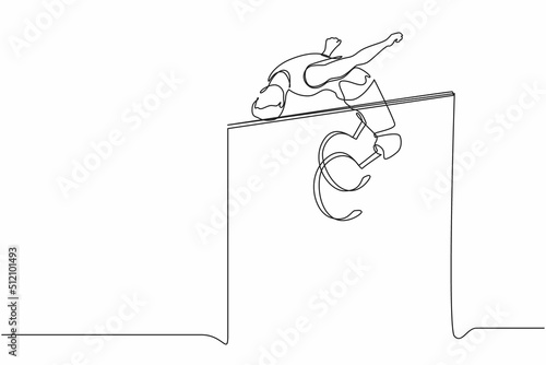 Single continuous line drawing disabled man doing exercise and become champion high jumping with prosthetic leg. Disability sport, invalid person playing athletic game. One line graphic design vector