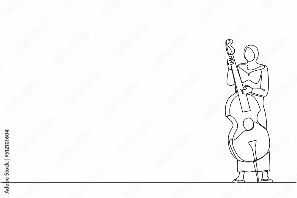 Continuous one line drawing double bass Arab player standing with big string instrument. Woman musician playing classical music with fingers. Professional contrabassist. Single line draw design vector