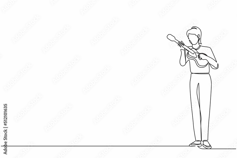 Single continuous line drawing joyful girl playing on ukulele and singing having fun. Female musician holding small guitar and singing. Woman play on musical instrument. One line graphic design vector Single continuous line drawing joyful girl playing on ukulele and singing having fun. Female musician holding small guitar and singing. Woman play on musical instrument. One line graphic design vector