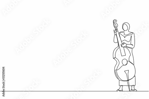 Continuous one line drawing double bass Arab player standing with big string instrument. Woman musician playing classical music with fingers. Professional contrabassist. Single line draw design vector