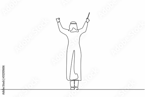Continuous one line drawing back view of Arab man conductor performing on stage, male musician in tuxedo directing classic instrumental symphony orchestra. Single line draw design vector illustration