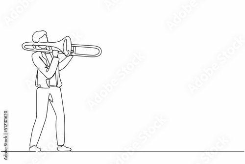 Single one line drawing trombone player. Male performer play wind instrument. Music artist boy. Jazz man. Musician play trumpet. Entertainment. Classic music event. Continuous line draw design vector photo