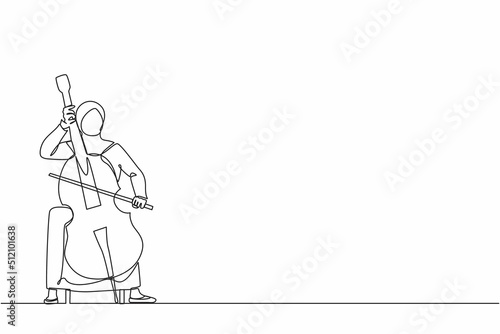 Single continuous line drawing Arab female performer playing on contrabass. Cellist woman playing cello, musician playing classical music instrument. One line draw graphic design vector illustration