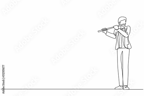 Continuous one line drawing male musician playing flute, standing in suit. Flutist performing classical music on wind instrument. Solo performance of talented flautist. Single line draw design vector