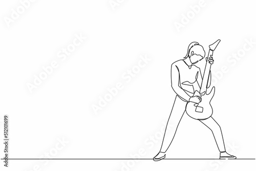 Single one line drawing female musician playing electric guitar. Woman practicing in playing guitar. Guitarist perform playing music instrument on stage. Continuous line draw design graphic vector
