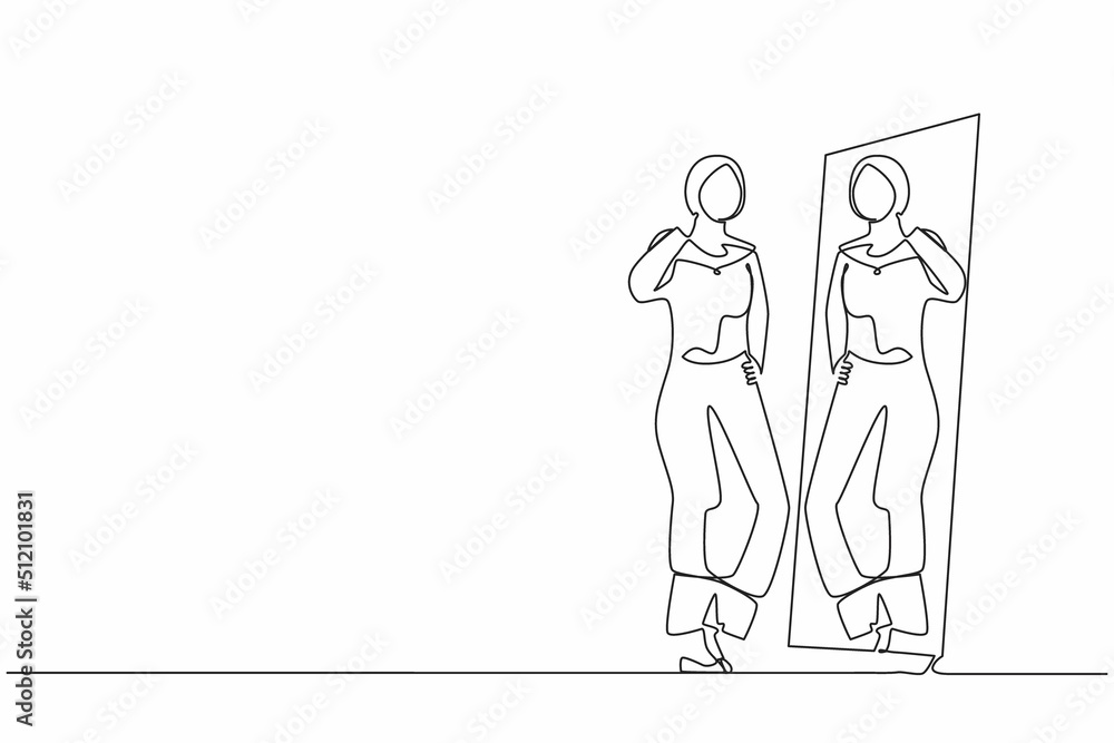 Single continuous line drawing Arab businesswoman choosing hijab for business meeting. Woman trying on clothes at home. Girl with style. Mirror with female reflection. One line graphic design vector