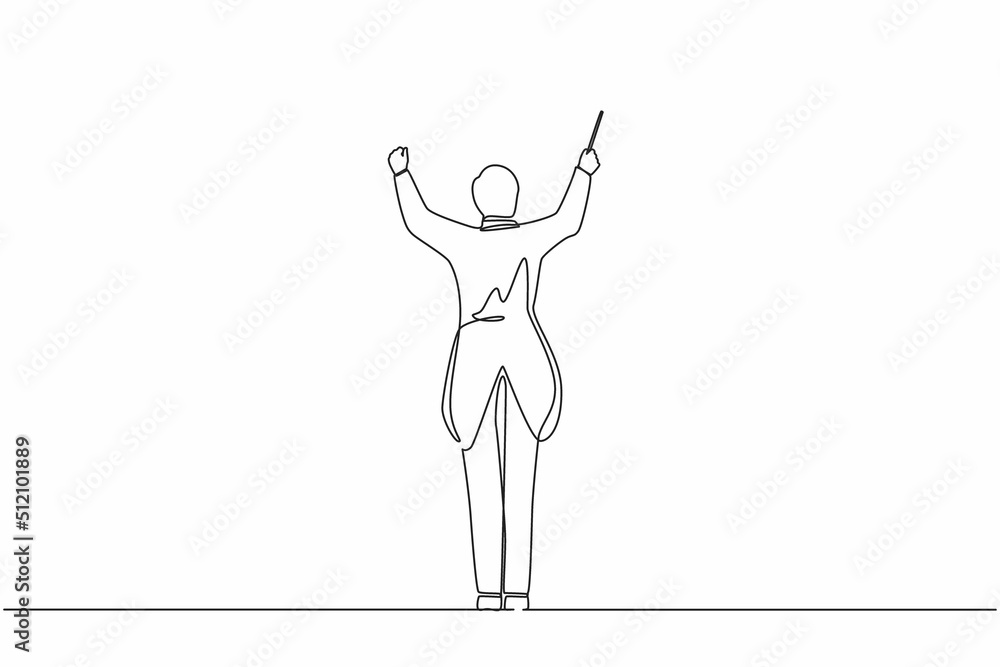 Single continuous line drawing back view of man conductor performing on stage, male musician in tuxedo directing classic instrumental symphony orchestra. One line graphic design vector illustration Single continuous line drawing back view of man conductor performing on stage, male musician in tuxedo directing classic instrumental symphony orchestra. One line graphic design vector illustration