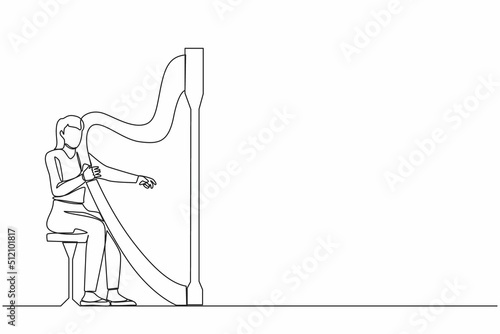 Single continuous line drawing woman musician playing harp. Classical music performer character with musical instrument. Female sitting, playing harp. One line draw graphic design vector illustration