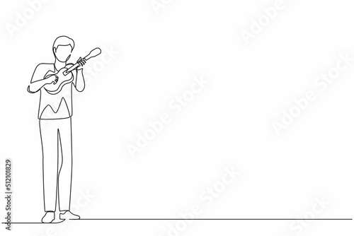 Single continuous line drawing joyful guy playing on ukulele and singing having fun. Male musician holding small guitar and singing. Man play on musical instrument. One line draw graphic design vector