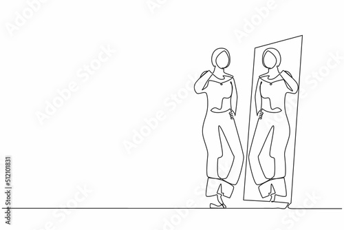Single continuous line drawing Arab businesswoman choosing hijab for business meeting. Woman trying on clothes at home. Girl with style. Mirror with female reflection. One line graphic design vector