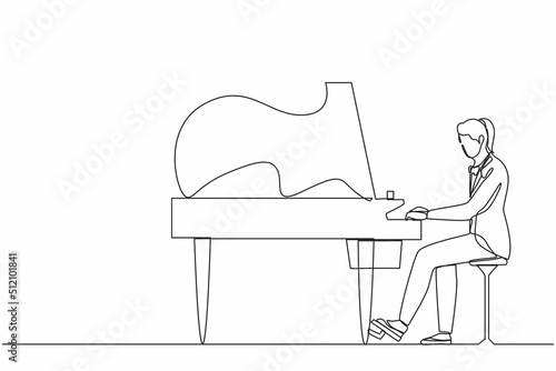 Single one line drawing woman plays piano. Female performer sits at musical instrument and plays jazz or blues. Professional musician. Person performs on stage. Continuous line design graphic vector