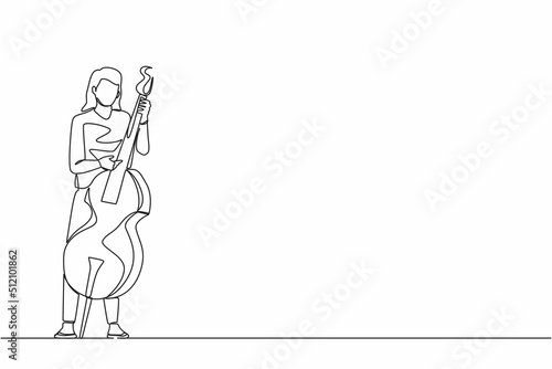 Continuous one line drawing double bass player standing with big string instrument. Woman musician playing classical music with fingers. Professional contrabassist. Single line graphic design vector