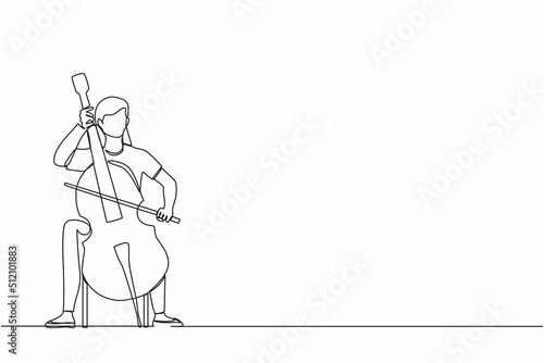 Single continuous line drawing young female performer playing on contrabass. Cellist woman playing cello, musician playing classical music instrument. One line draw graphic design vector illustration photo