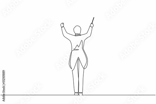 Single continuous line drawing back view of man conductor performing on stage, male musician in tuxedo directing classic instrumental symphony orchestra. One line graphic design vector illustration