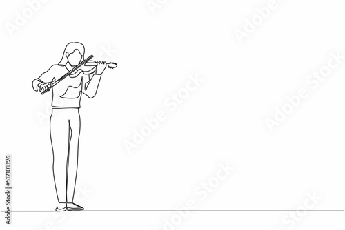 Single one line drawing woman musician playing violin. Classical music performer with musical instrument. Female musician playing violin at music festival. Continuous line design vector illustration