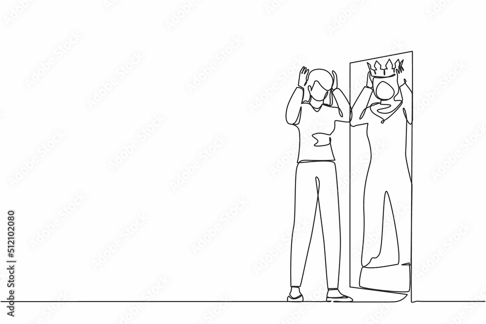 Continuous one line drawing Arabian businesswoman looking at mirror and seeing in reflection of herself with crown on her head. Person overestimate, self confidence. Single line draw design vector