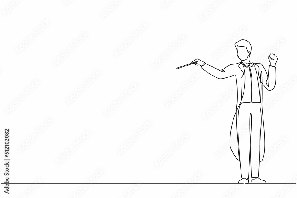 Single continuous line drawing man music orchestra conductor. Male musician in tuxedo suit with arm gestures. Expressive conductor directs orchestra during performance. One line graphic design vector Single continuous line drawing man music orchestra conductor. Male musician in tuxedo suit with arm gestures. Expressive conductor directs orchestra during performance. One line graphic design vector