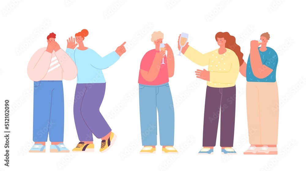 Fototapeta premium Couple gossip about drinking friends. Alcohol addiction, party or meeting with cocktails. Office party, diverse colleagues or students. Healthy and unhealthy vector characters