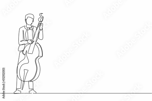 Continuous one line drawing double bass player standing with big string instrument. Man musician playing classical music with fingers. Professional contrabassist. Single line graphic design vector photo