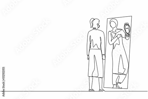 Continuous one line drawing Arabian businesswoman looking at mirror and seeing in reflection of herself with holding gold medal, person overestimate herself, self confidence. Single line design vector