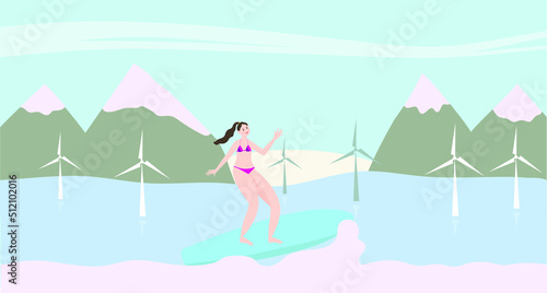 Landscape with windmills and surfer. Wind power generator.