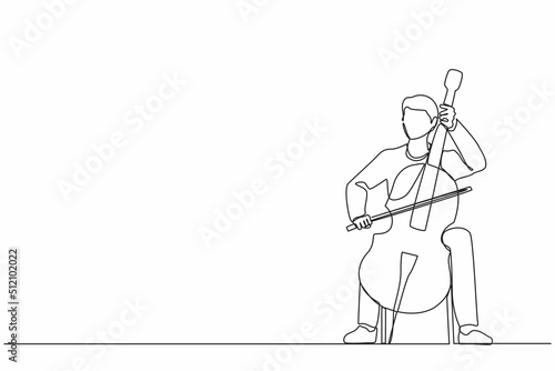 Single one line drawing young male performer playing on contrabass. Cellist man playing cello, musician playing classical music instrument. Continuous line draw design graphic vector illustration