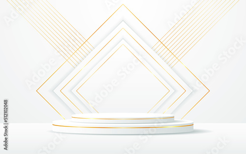 White podium with white squares and elegant gold lines on the back for product presentation. Cosmetic product display. vector illustration

