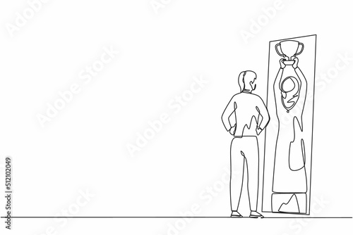 Single one line drawing Arab girl standing in front of mirror looking at her reflection, imagine herself successful with lift up trophy cup. Narcissistic woman. Continuous line design graphic vector