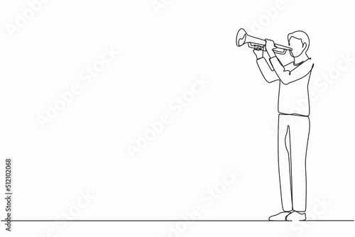 Single continuous line drawing man playing trumpet. Music instrumental. Jazz musician playing trumpet instrument. Trumpet player. Orchestra performer. Music performance. One line graphic design vector