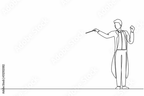 Single continuous line drawing man music orchestra conductor. Male musician in tuxedo suit with arm gestures. Expressive conductor directs orchestra during performance. One line graphic design vector
