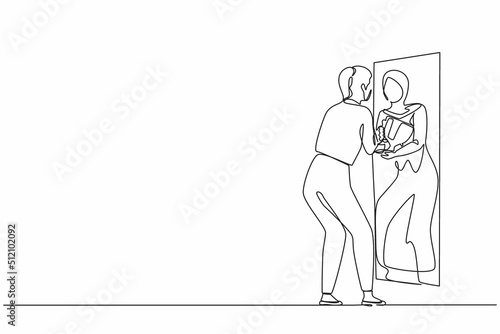 Single one line drawing Arabian businesswoman looking herself. Female in front of mirror, optimism, positive, self confidence. Reflection reward with trophy cup, winner. Continuous line design vector