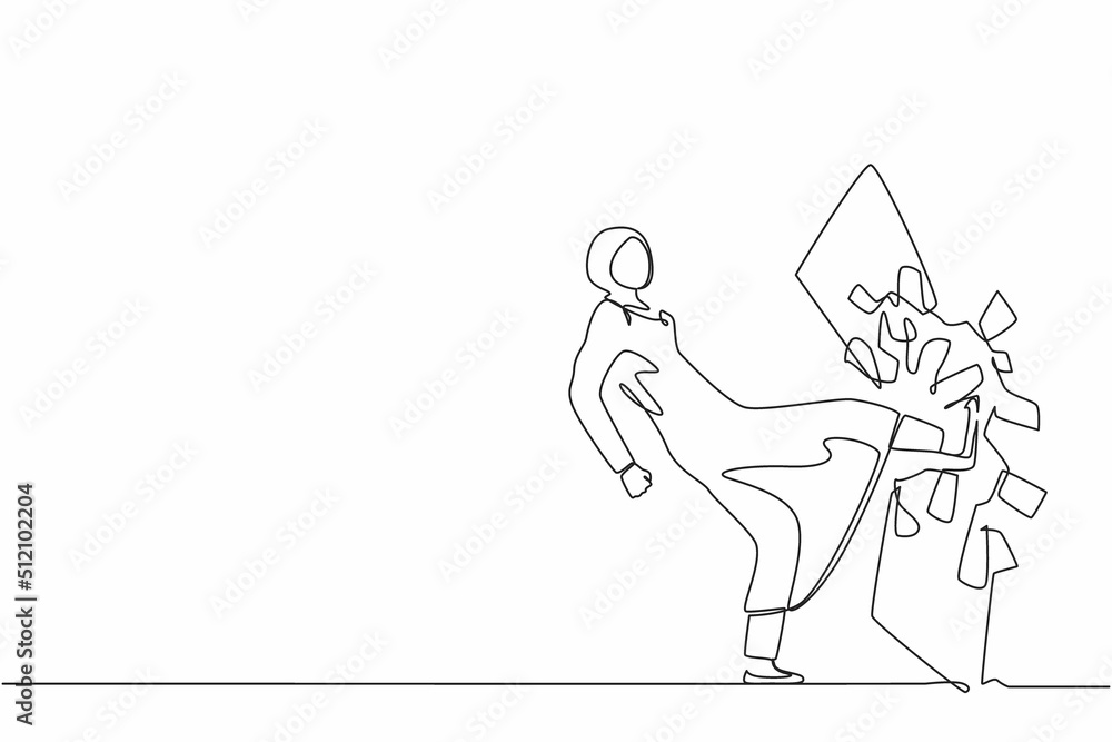 Continuous one line drawing Arab businesswoman kicked the mirror and shattered it. Breaking impossible barrier. Business motivation, breakthrough concept. Single line draw design vector illustration