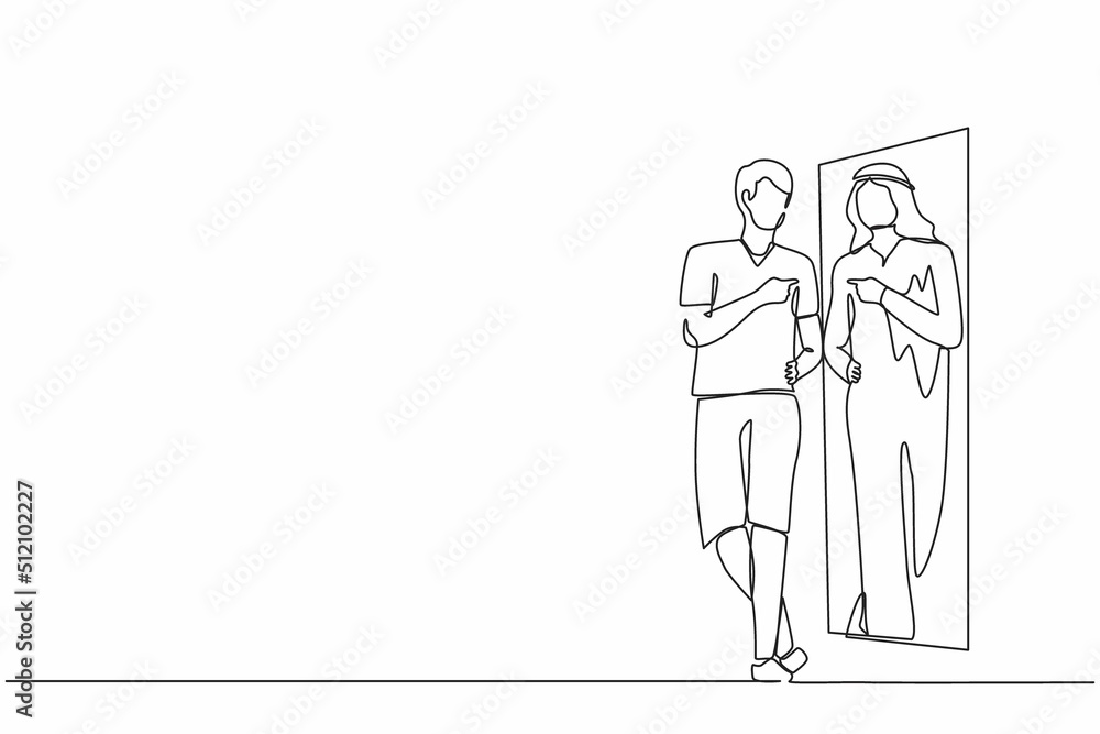 Continuous one line drawing man looking in mirror see himself as successful Arab businessman wearing expensive Arabian clothes. Poor man dream to become wealthy person. Single line draw design vector