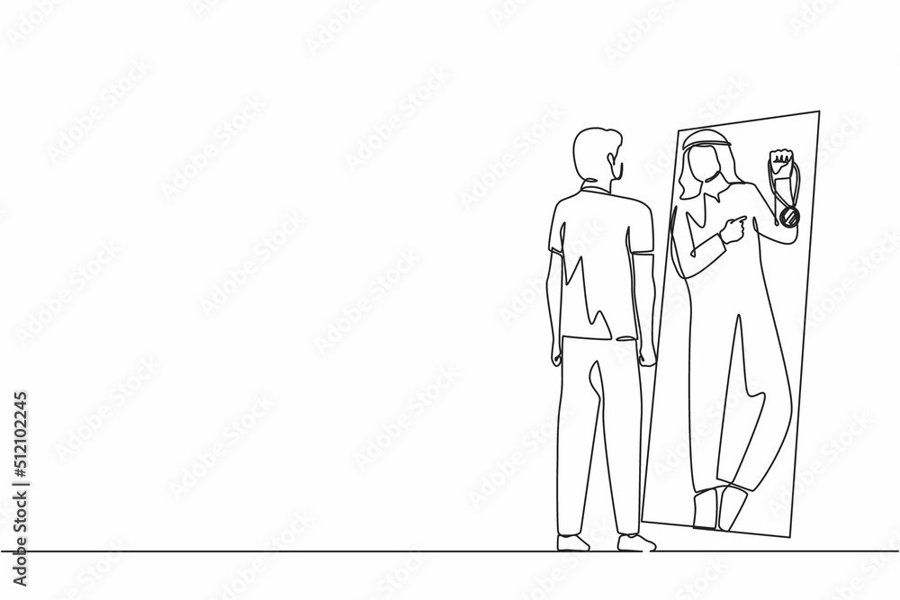 Continuous one line drawing Arab businessman looking at mirror and seeing in reflection of himself with holding gold medal, person overestimate himself, self confidence. Single line draw design vector Continuous one line drawing Arab businessman looking at mirror and seeing in reflection of himself with holding gold medal, person overestimate himself, self confidence. Single line draw design vector