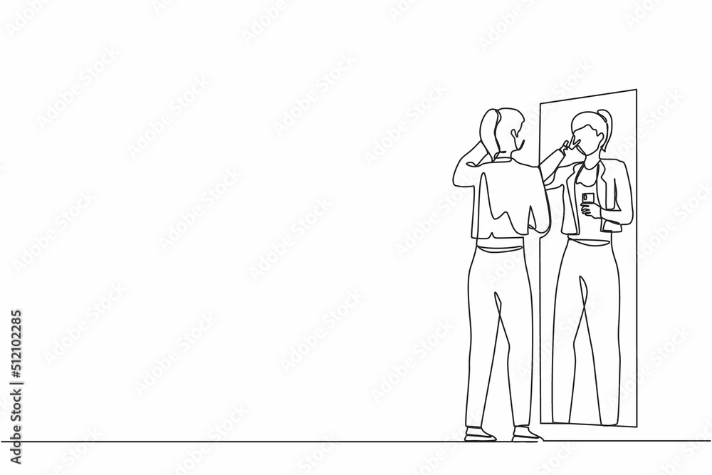 Single one line drawing businesswoman wearing formal blazer making selfie in stand in front of mirror. Woman taking selfie. Addiction on smartphone and internet. Continuous line design graphic vector Single one line drawing businesswoman wearing formal blazer making selfie in stand in front of mirror. Woman taking selfie. Addiction on smartphone and internet. Continuous line design graphic vector
