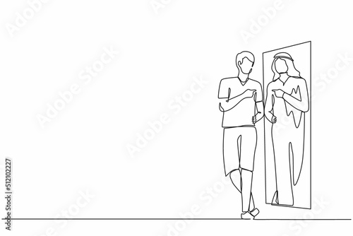 Continuous one line drawing man looking in mirror see himself as successful Arab businessman wearing expensive Arabian clothes. Poor man dream to become wealthy person. Single line draw design vector