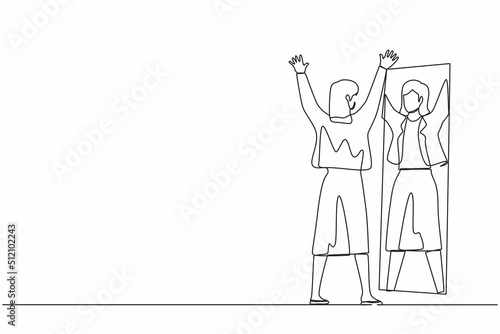 Continuous one line drawing happy businesswoman look in mirror with raised hands. Reflection in mirror. High self esteem psychology. Victory, success motivation. Single line draw design vector graphic