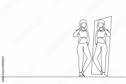 Single continuous line drawing businesswoman choosing blazer for business meeting. Woman trying on clothes at home. Girl with style. Mirror with female reflection. One line draw graphic design vector