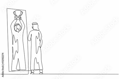 Single continuous line drawing Arabian businessman looking himself happy and successful in mirror reflection with lifting up trophy cup. Success in business and winner. One line graphic design vector
