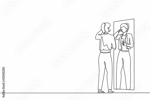 Single one line drawing businesswoman wearing formal blazer making selfie in stand in front of mirror. Woman taking selfie. Addiction on smartphone and internet. Continuous line design graphic vector
