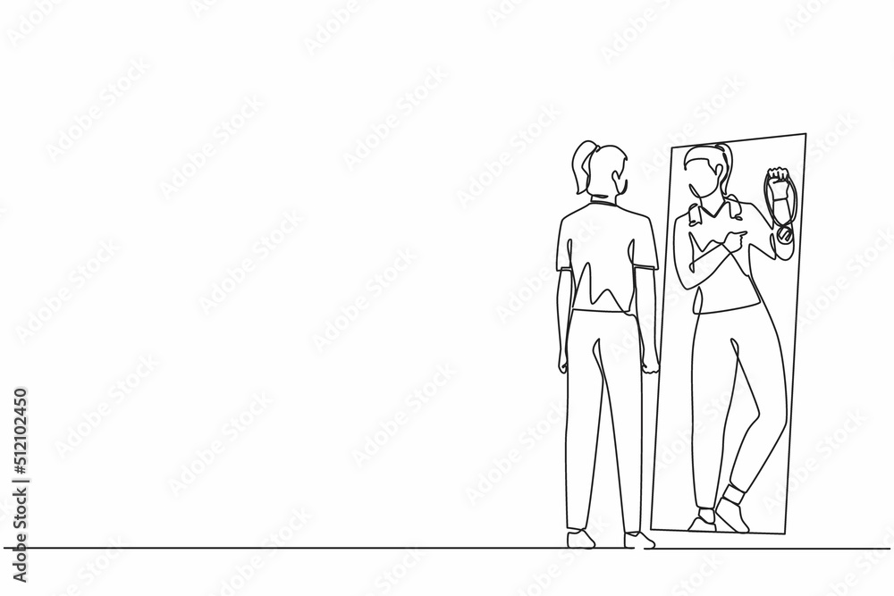 Single one line drawing businesswoman looking at mirror and seeing in reflection of herself with holding gold medal, person overestimate herself, self confidence. Continuous line draw design vector