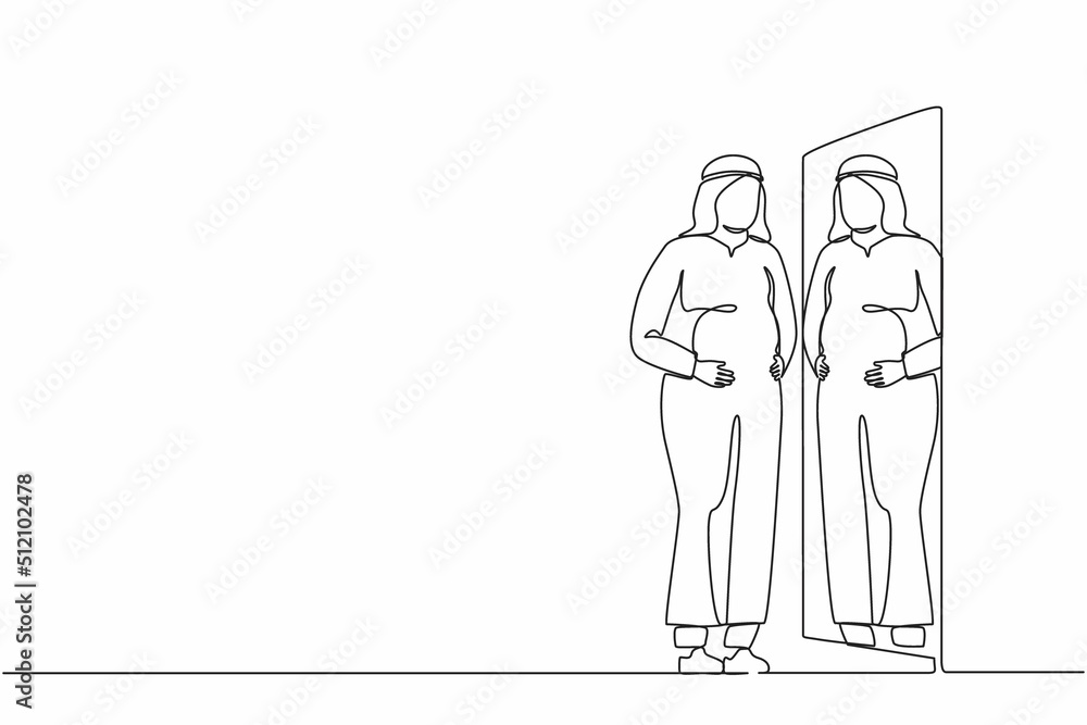 Single continuous line drawing Arabian businessman standing in front of mirror and see himself getting big belly with holding his stomach. Oversized and obesity. One line draw graphic design vector Single continuous line drawing Arabian businessman standing in front of mirror and see himself getting big belly with holding his stomach. Oversized and obesity. One line draw graphic design vector