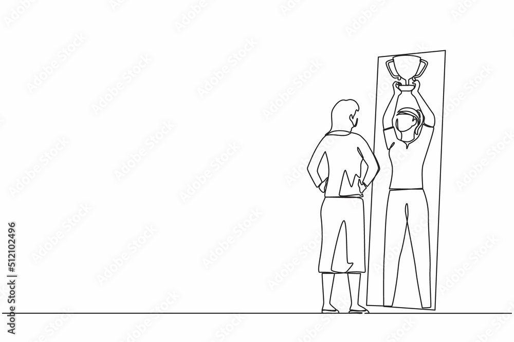 Single one line drawing girl standing in front of mirror looking at her reflection, imagine herself successful with lift up trophy cup. Narcissistic woman. Continuous line draw graphic design vector Single one line drawing girl standing in front of mirror looking at her reflection, imagine herself successful with lift up trophy cup. Narcissistic woman. Continuous line draw graphic design vector