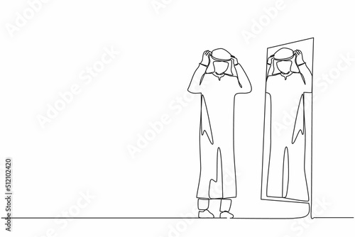 Single one line drawing Arab businessman adjusting turban in front of mirror. Man checking his appearance in mirror. Male manager looking himself in mirror. Continuous line draw design graphic vector