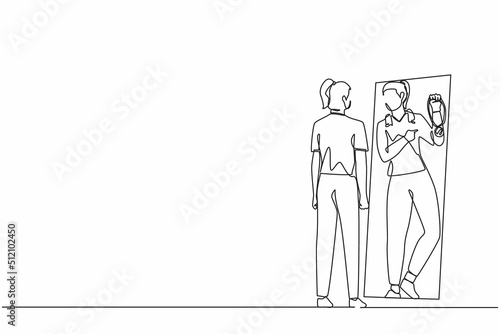Single one line drawing businesswoman looking at mirror and seeing in reflection of herself with holding gold medal  person overestimate herself  self confidence. Continuous line draw design vector