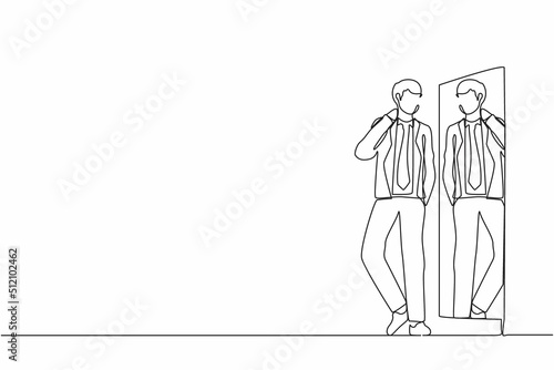 Single continuous line drawing businessman character choosing suit for business meeting. Man trying on clothes at home. Guy with style. Mirror with male reflection. One line draw graphic design vector