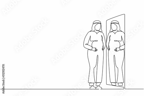 Single continuous line drawing Arabian businessman standing in front of mirror and see himself getting big belly with holding his stomach. Oversized and obesity. One line draw graphic design vector