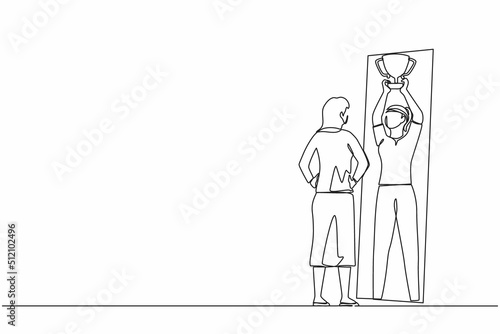 Single one line drawing girl standing in front of mirror looking at her reflection, imagine herself successful with lift up trophy cup. Narcissistic woman. Continuous line draw graphic design vector