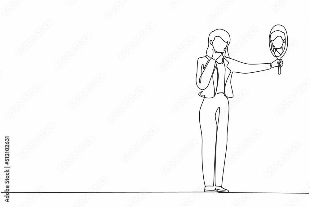Single one line drawing businesswoman holding hand mirror. Female manager with hand mirror. Woman looking at herself in mirror. Narcissism and reflection concept. Continuous line draw design vector Single one line drawing businesswoman holding hand mirror. Female manager with hand mirror. Woman looking at herself in mirror. Narcissism and reflection concept. Continuous line draw design vector
