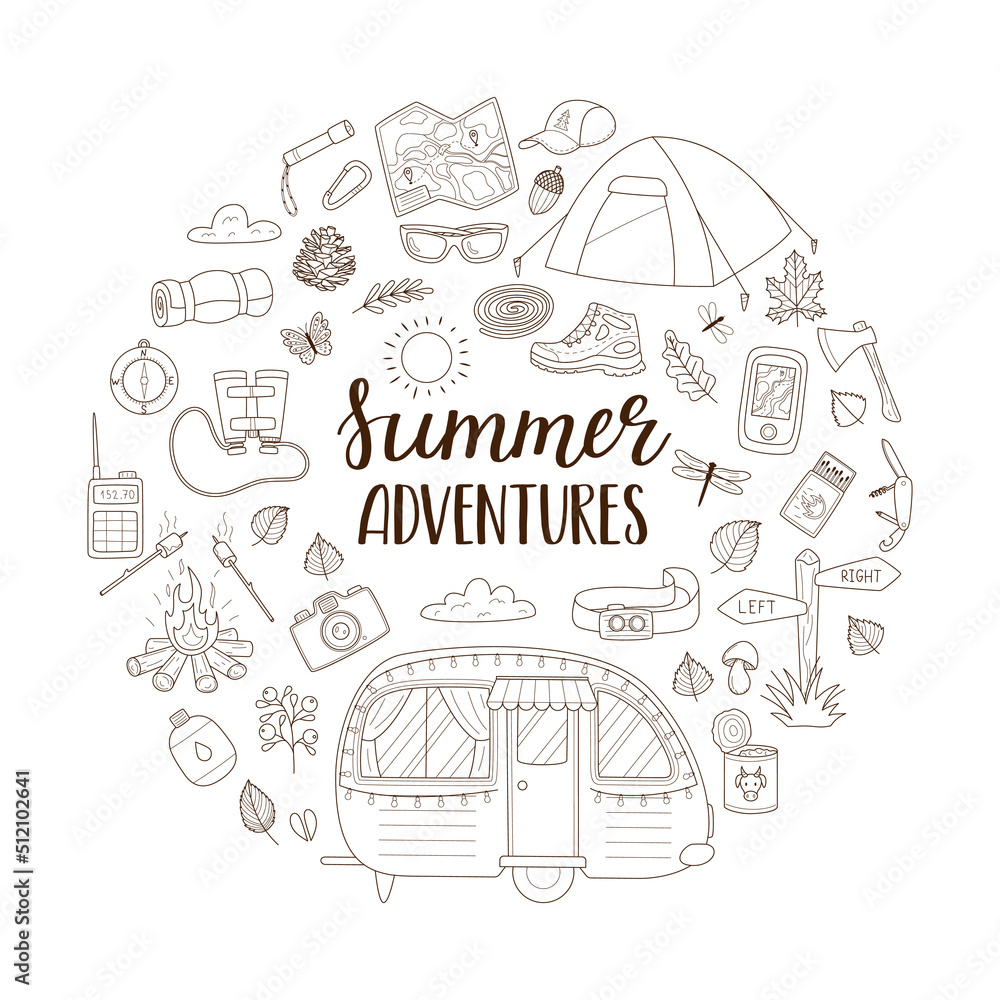 A set of doodle elements for camping, travel, picnic, tourism. Tourist inventory. Round composition as a print on clothes, postcards, web. Outline vector illustrations isolated on a white background.